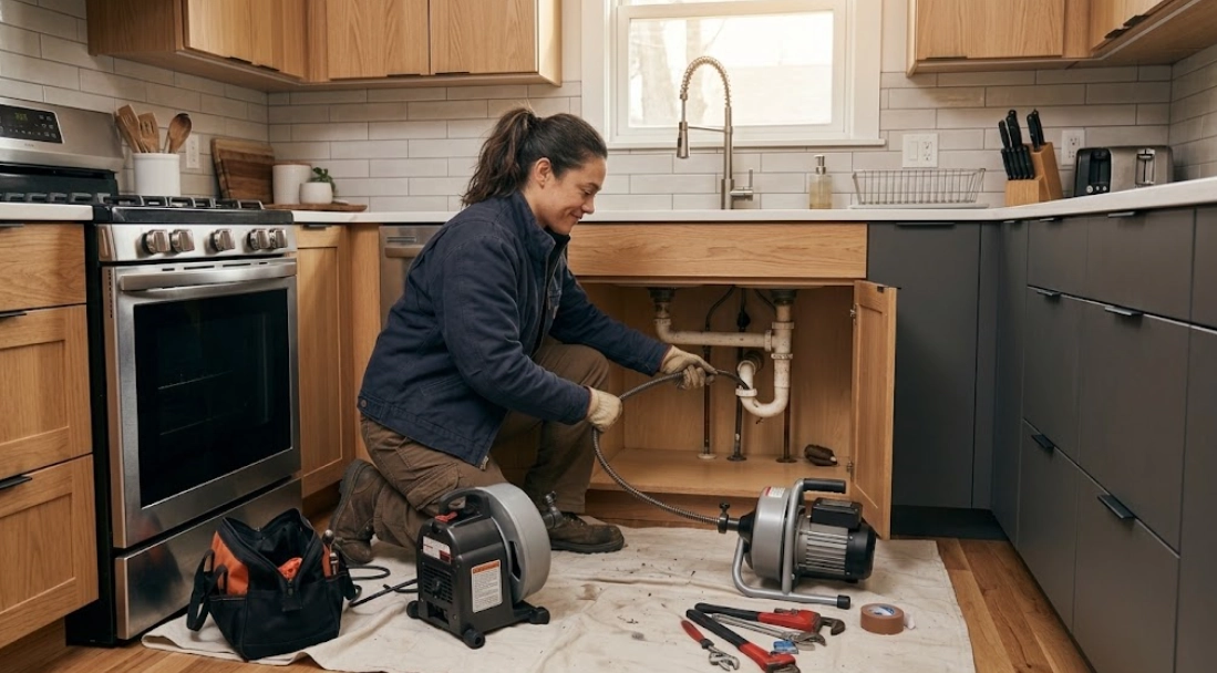 Professional plumber using motorized drain snake to clear clogged kitchen sink drain in Briarwood Queens