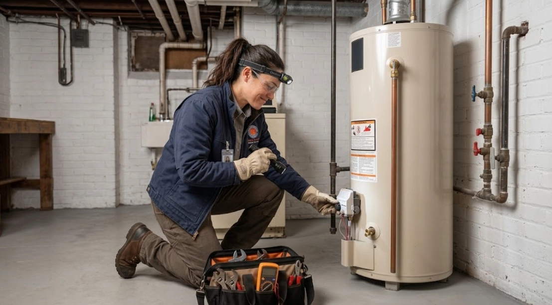 Professional technician performing water heater repair and burner service in Briarwood Queens